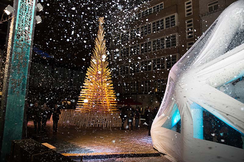 Hello Wood redefines the concept of the Christmas tree in London, Manchester and Budapest