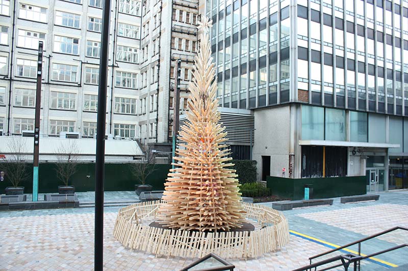 Hello Wood redefines the concept of the Christmas tree in London, Manchester and Budapest