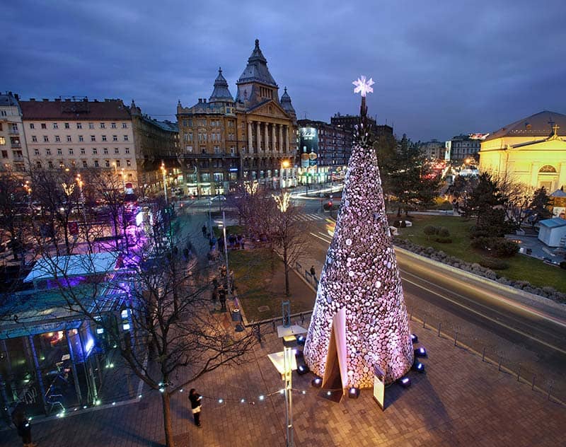 Hello Wood redefines the concept of the Christmas tree in London, Manchester and Budapest