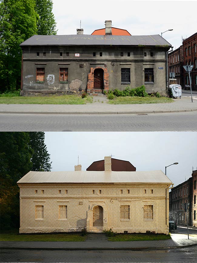 Artist Ian Strange covers historical building in over 600 sq metres of gold wallpaper