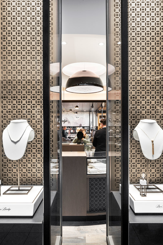 View through custom vitrines along store's facade - Ben Bridge Jewelers, Seattle