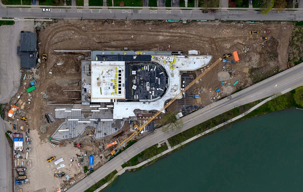 Aerial View of Construction, Topping-Off Ceremony at the Tom Patterson Theatre for the Stratford Festival