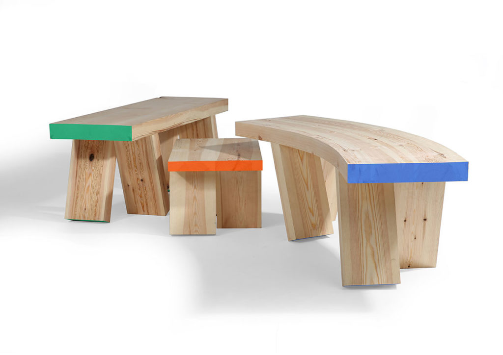Winner of the second prize at the Pure Talents Contest 2019: The Bench Gang by Christian Cowper is a family of three light-hearted and dynamic benches. Made of pine, Bench Gang is meant to visualise the simple qualities of fun and play and bring the humble bench to life!