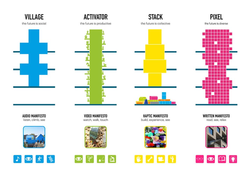 Each tower is designed to be the purest possible distillation of the concept it represents