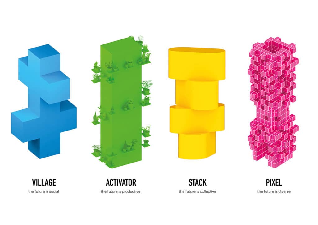 Each tower is designed to be the purest possible distillation of the concept it represents