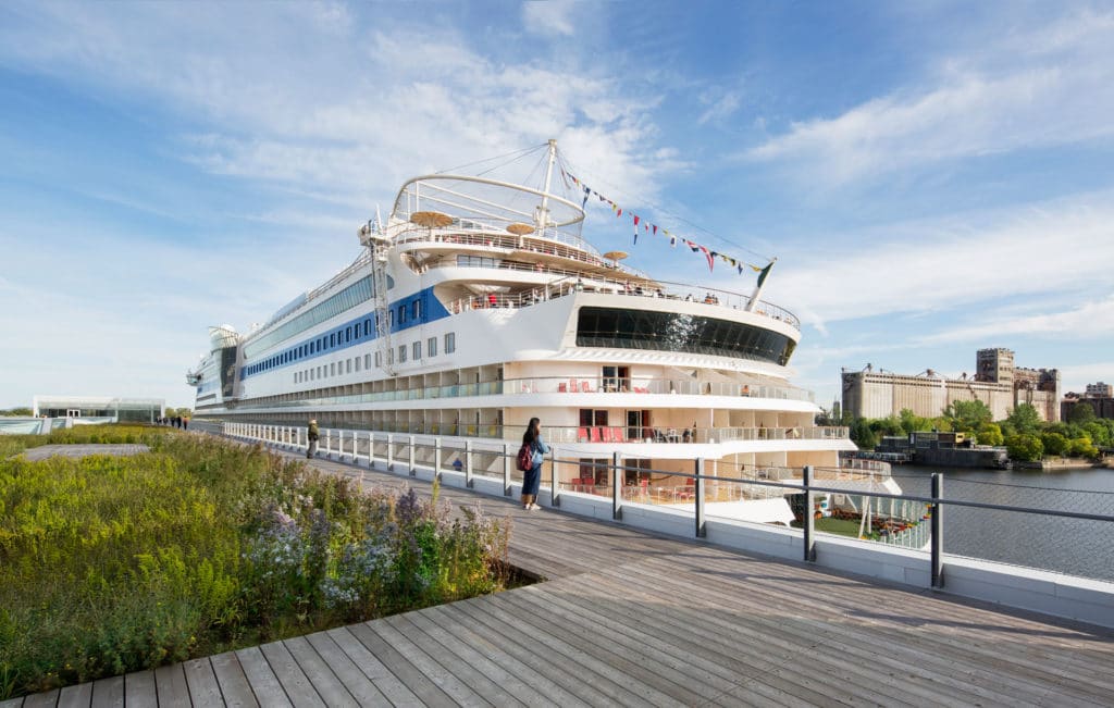 The cruise terminal and a promenade on the green esplanade