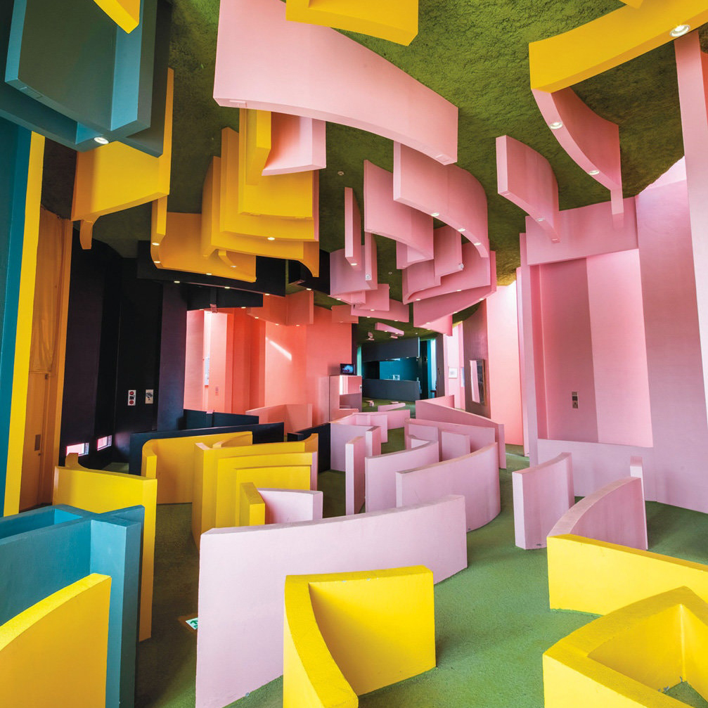 The interior of the Reversible Destiny Office — Yoro, part of a four-acre park created by the artists Arakawa and Madeline Gins in Gifu Prefecture, Japan