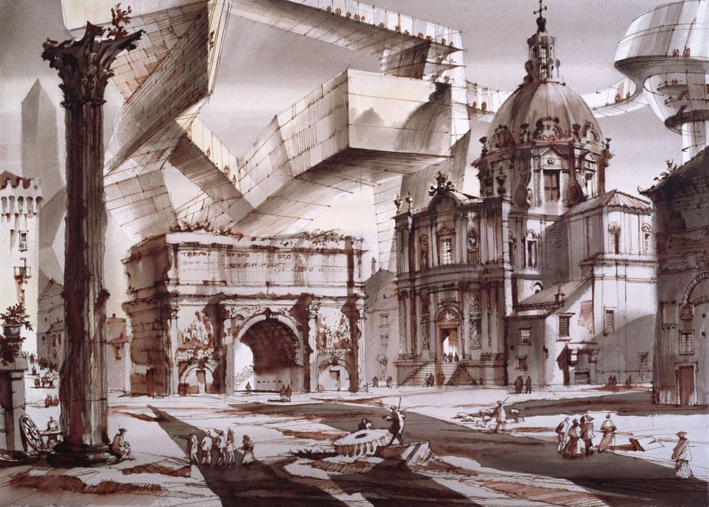 Architectural capriccio, Roman Forum or Two worlds No. 1, film stage design project, St. Petersburg