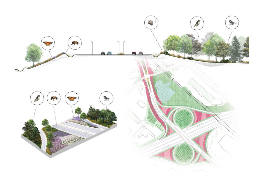 Section, schematic concept, and site plan, Cavendish Boulevard and Highway 40 Interchange 