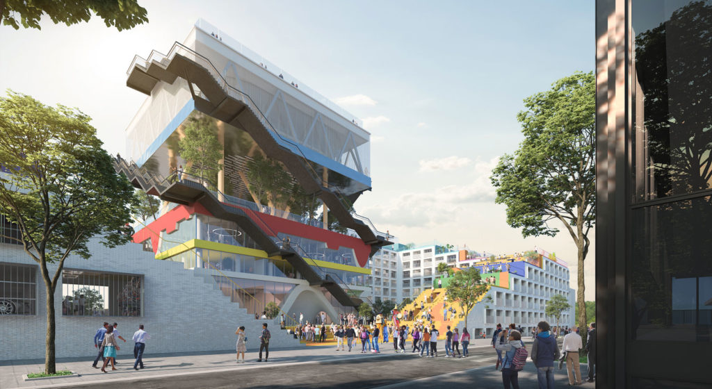 The transformation will convert the former Expo Pavilion into a co-working office building, and two new buildings will be added on the space surrounding the pavilion