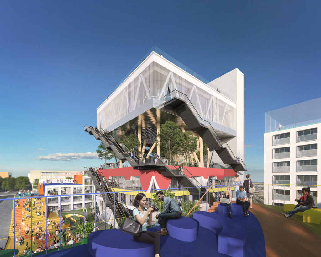 The transformation will convert the former Expo Pavilion into a co-working office building, and two new buildings will be added on the space surrounding the pavilion