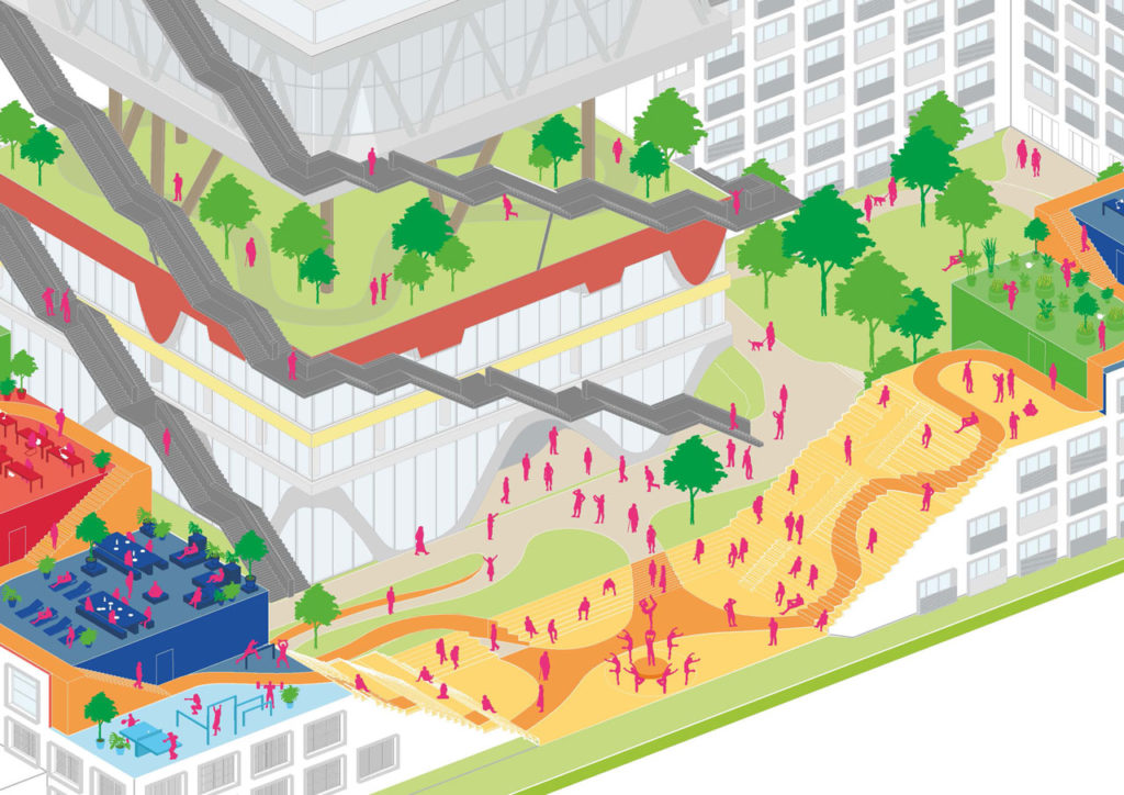 The transformation will convert the former Expo Pavilion into a co-working office building, and two new buildings will be added on the space surrounding the pavilion