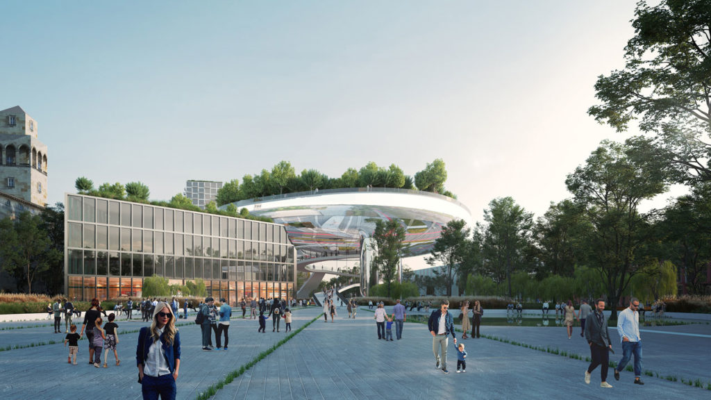 MVRDV masterplan for Ettlinger Tor in Karlsruhe: a reflective floating garden counterpoints the absolutist castle