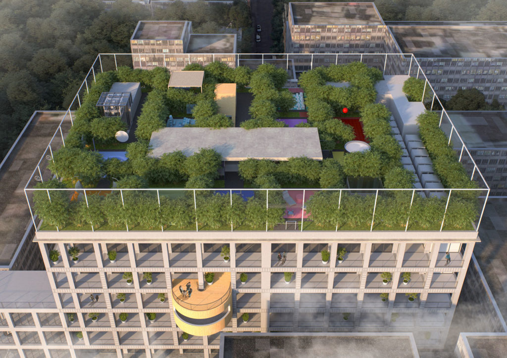 Upon exiting the staircase, visitors are greeted with a green bamboo landscape packed with amenities and activities