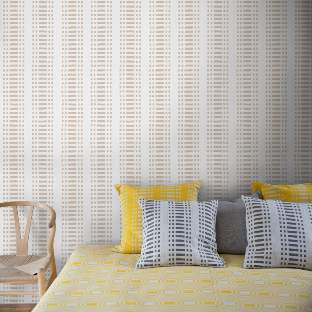 Nereus wallpaper in Alabaster, shown with Johanna Gullichsen fabrics from the Normandie collection