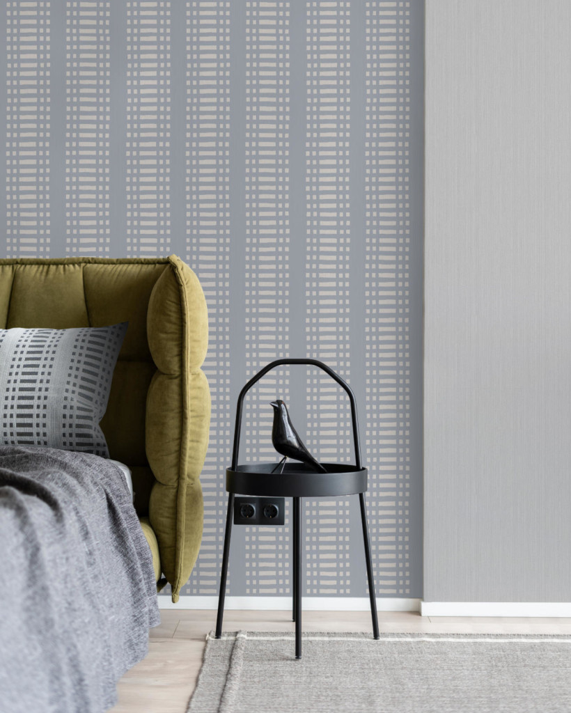 Nereus wallpaper in Light Blue(L) with Raita wallpaper in Pearl (R)
