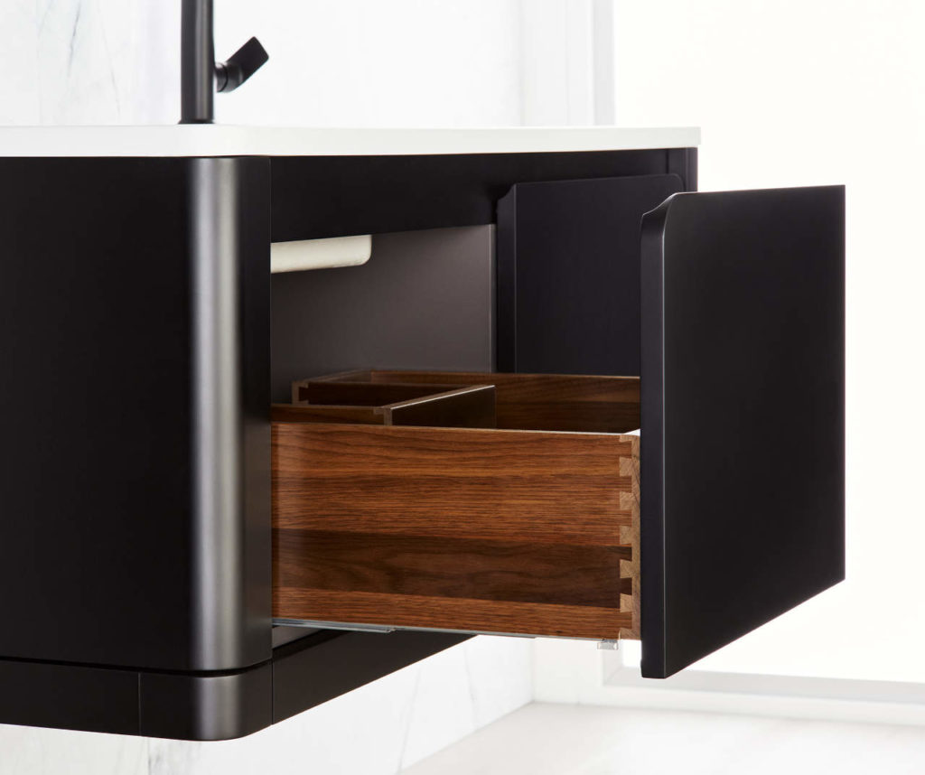 Bauhaus Vanity 48" Floor Mount Black Matte Lacquer, Open Drawer