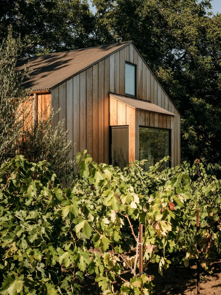Detail of the rear of the barn and the long-board redwood siding that will age naturally with time.