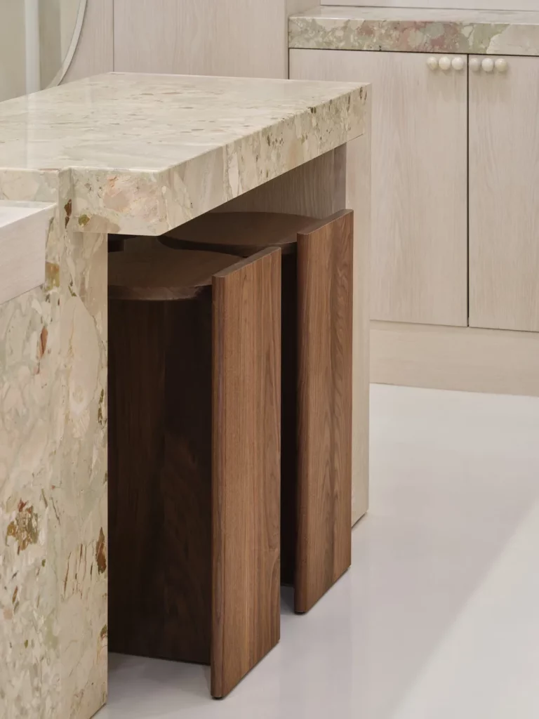 Stools are designed by Simone Ferkul Projects and made by Tetome House