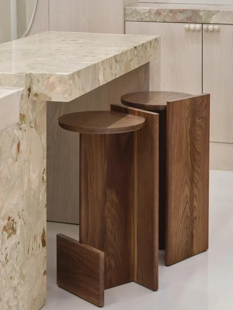 Stools are designed by Simone Ferkul Projects and made by Tetome House