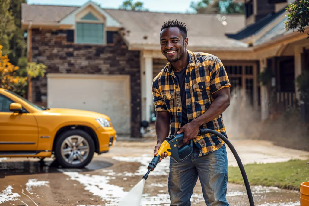 Man power pressure washing a driveway