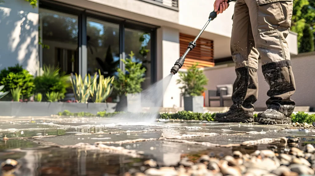 A man washes paving stones in his yard with a pressure washer close-up